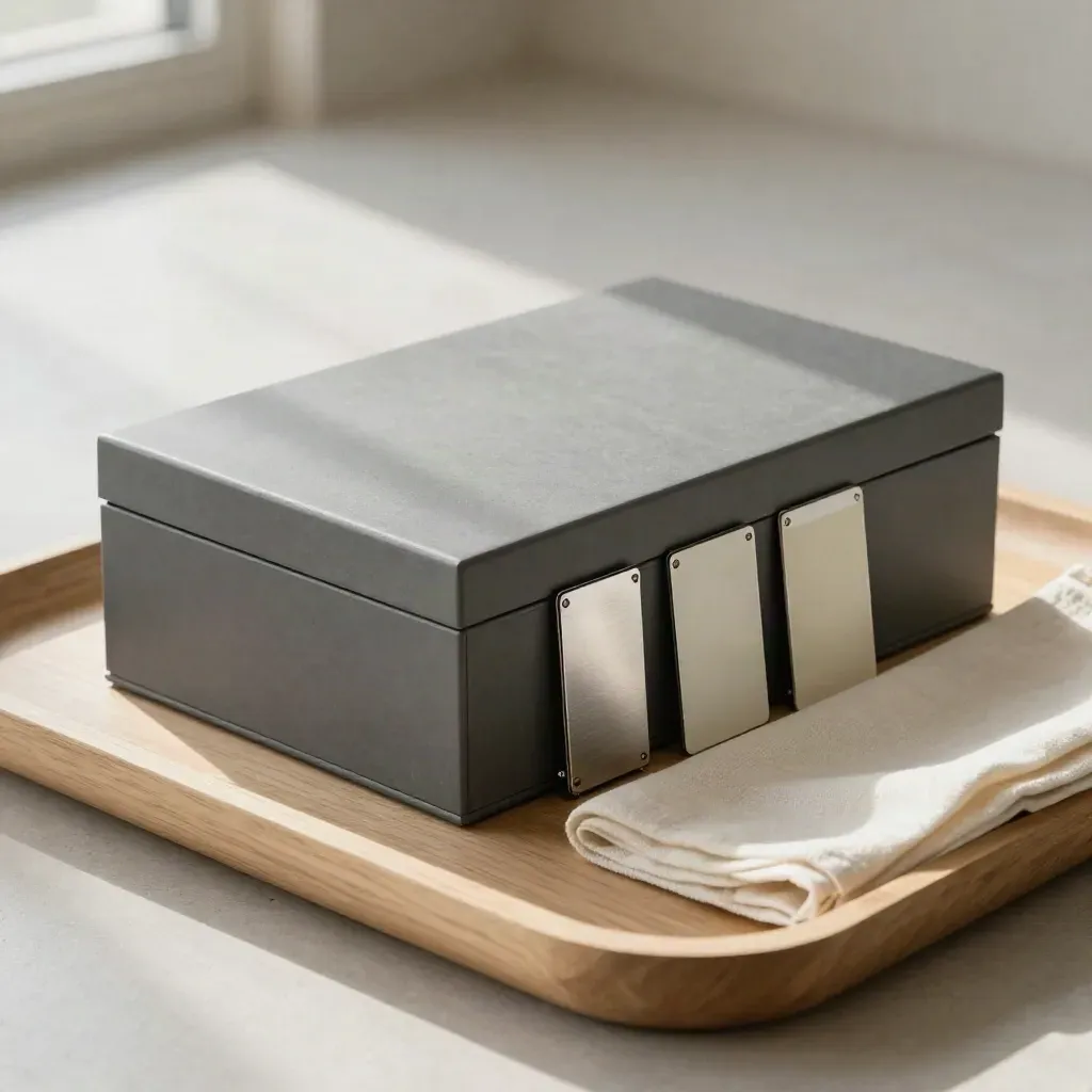 Archival box, SSD, and sealed sleeve on pale wood tray with soft daylight.