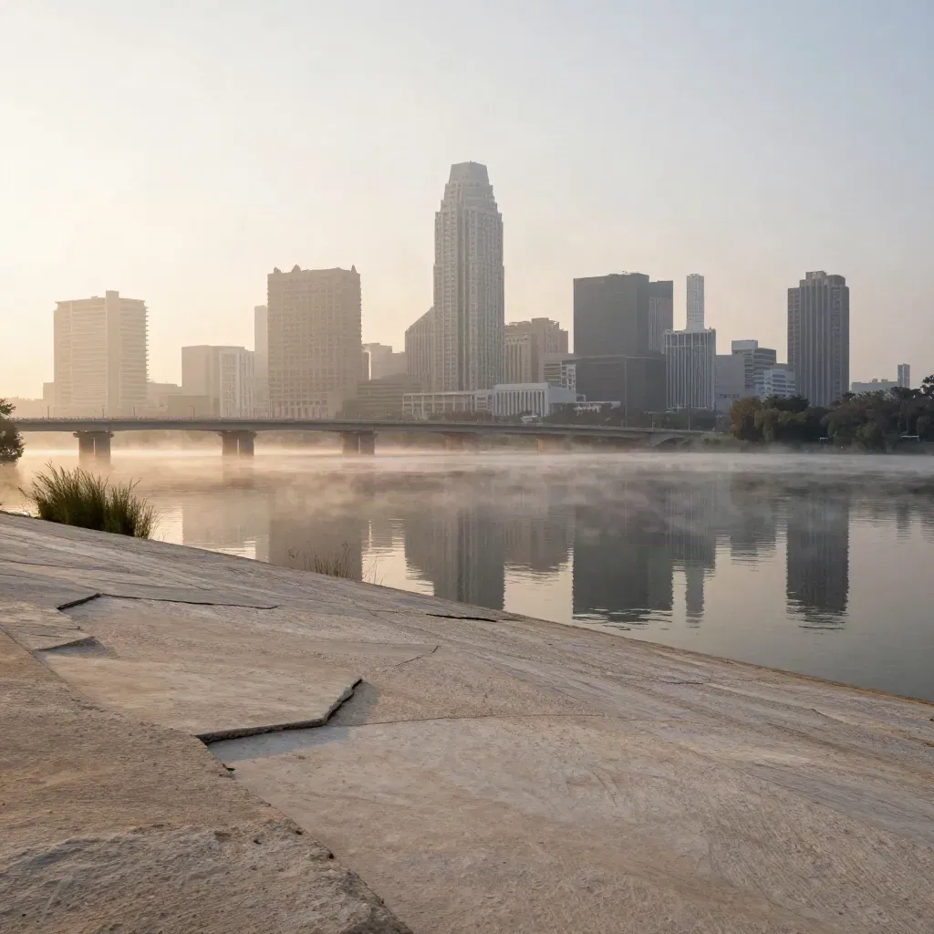 Austin skyline over Lady Bird Lake at sunrise with mist and a calm limestone shoreline