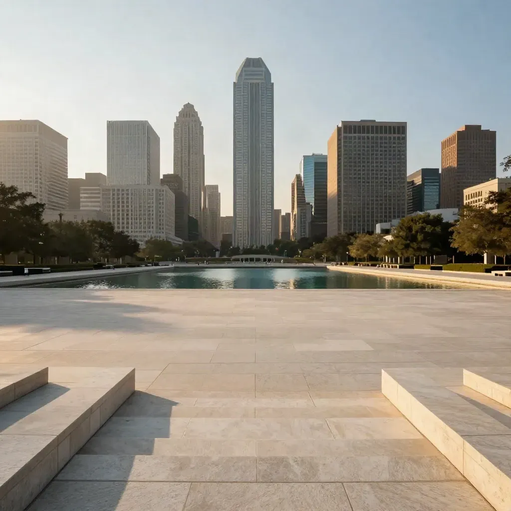 Dallas skyline over a sunlit limestone plaza with reflective pools at golden hour