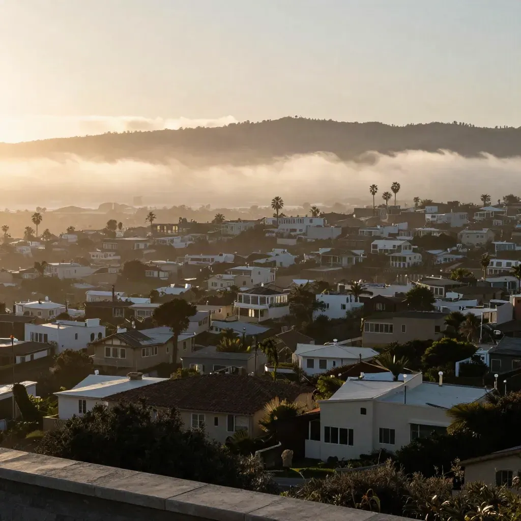 Foggy Los Angeles basin with hillside homes and distant ridgelines over a calm haze-filled foreground.