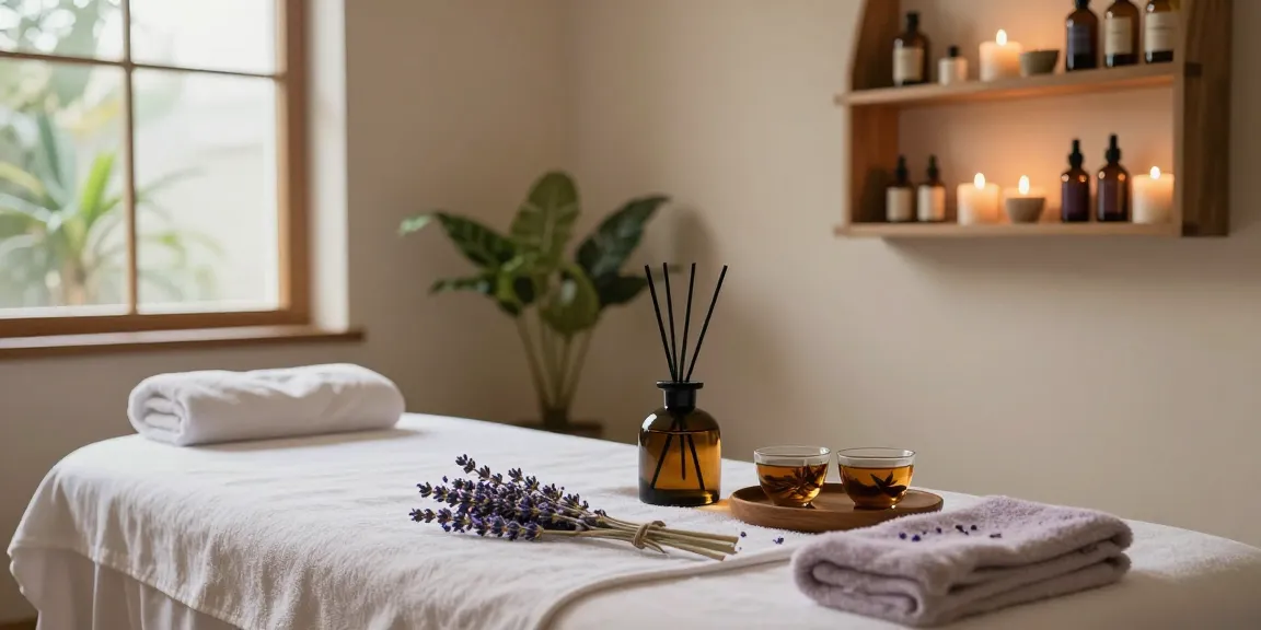 Relaxing massage room with soft lighting and aromatherapy oils at https://www.makangs.com/region/국내/서울-/마사지-스웨디시 for a soothing experience.