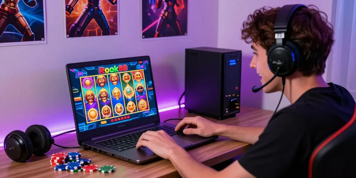 Exciting online gaming moment showcasing rokok88 slot on a laptop with vibrant graphics.