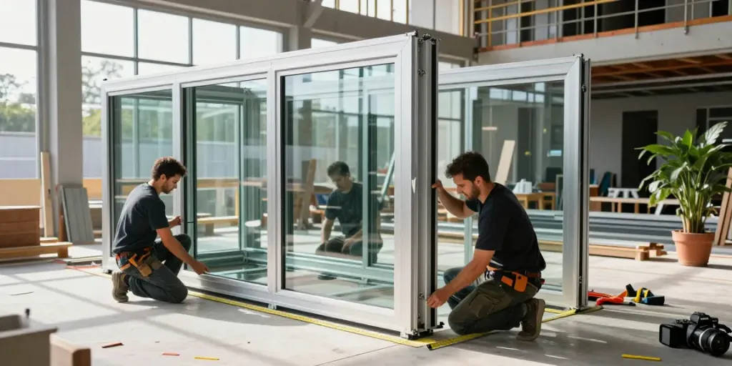 Aluminium and glass work across UAE, Fujairah, Kalba showcases skilled craftsmanship in a bright workshop setting.