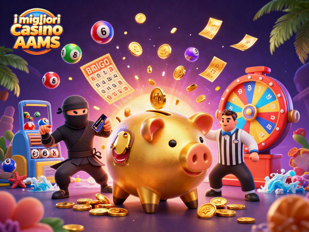 I migliori casino non AAMS animano una scena vivace con un grosso maiale dorato, un ninja con portafoglio e un samurai, tra biglietti e palline colorate.