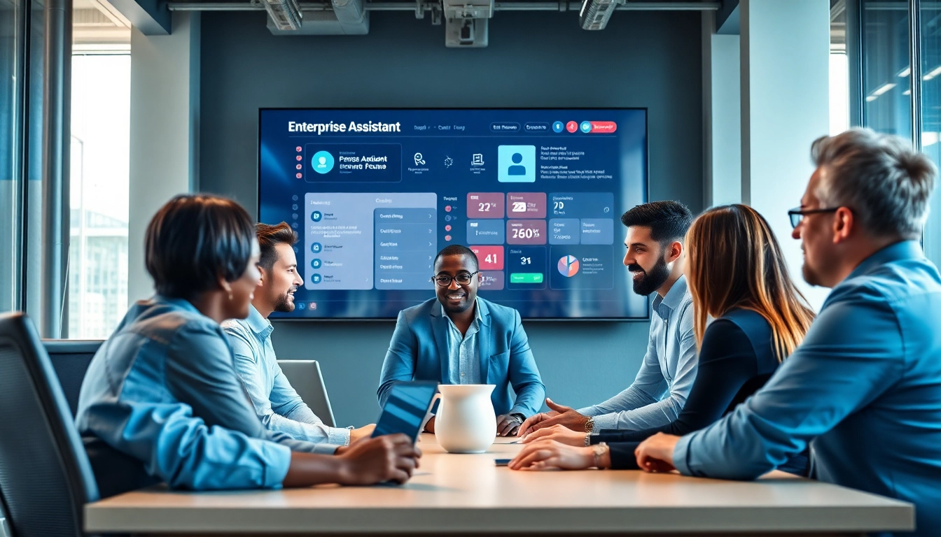 Engage with an enterprise assistant software interface in a vibrant team collaboration scene.