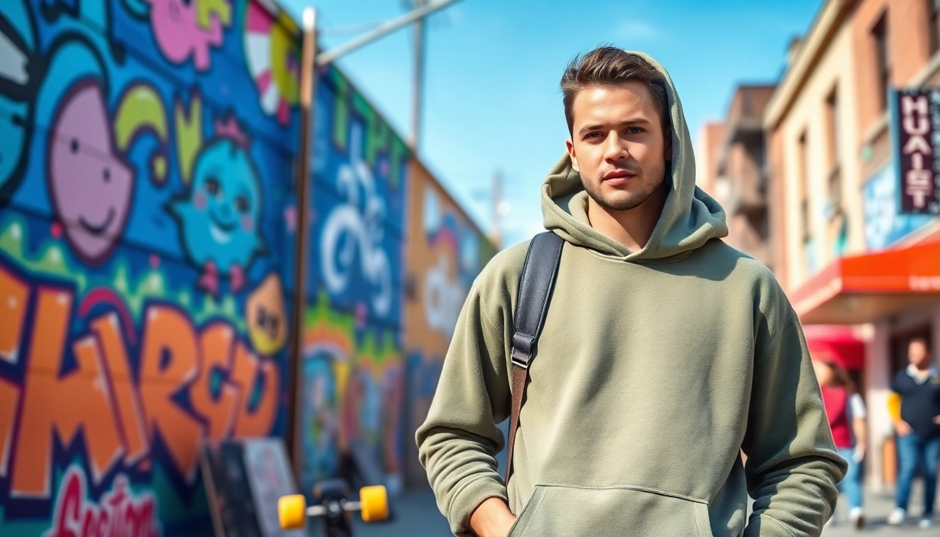 Model showcasing high quality blank hoodies in a vibrant urban environment, exuding style and confidence.
