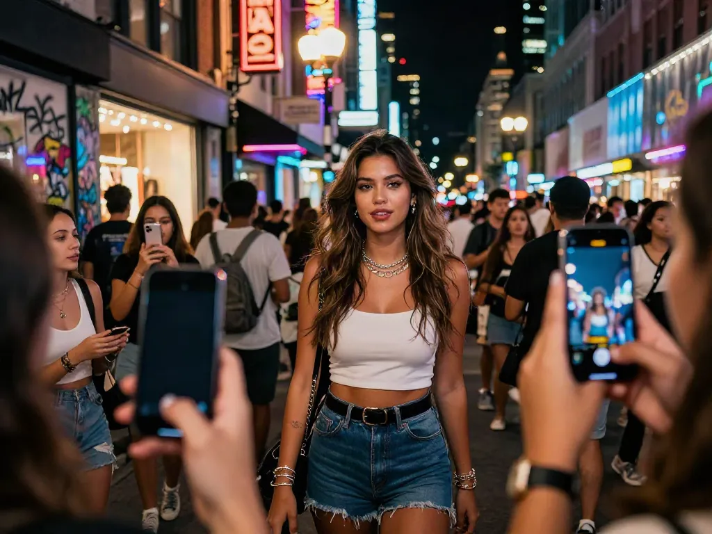 Sophie Rain xxx stylishly capturing the vibrant urban nightlife atmosphere.