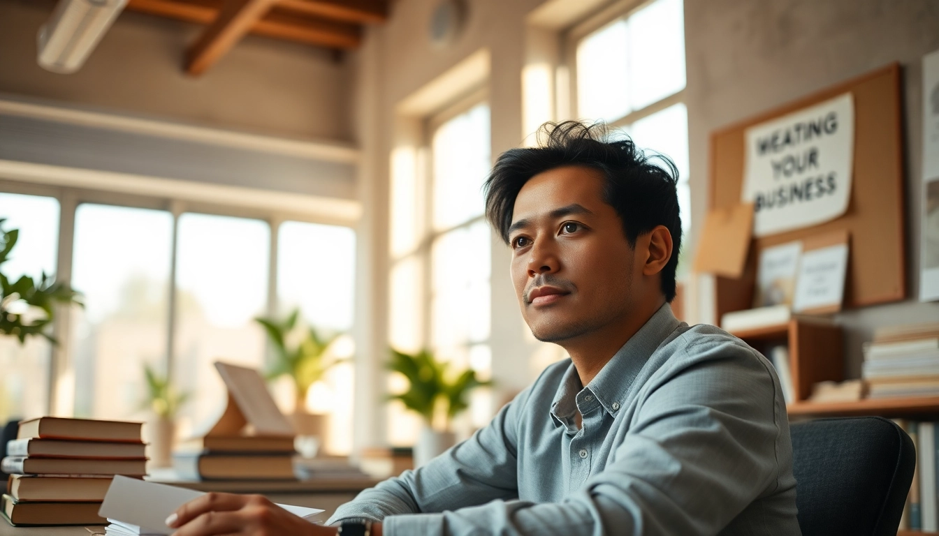 Innerpreneur focused on personal growth in a serene workspace filled with inspiring materials.