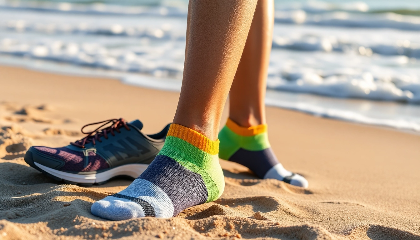 Cushioned running socks showcased on a beach, emphasizing vibrant colors and texture details.
