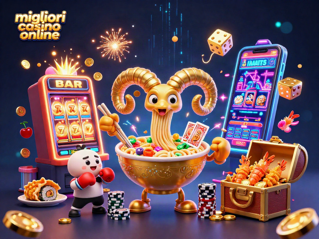Gioca nei migliori casino online con il divertente ramen che distribuisce carte e chip tra scintillanti giochi di fortuna.