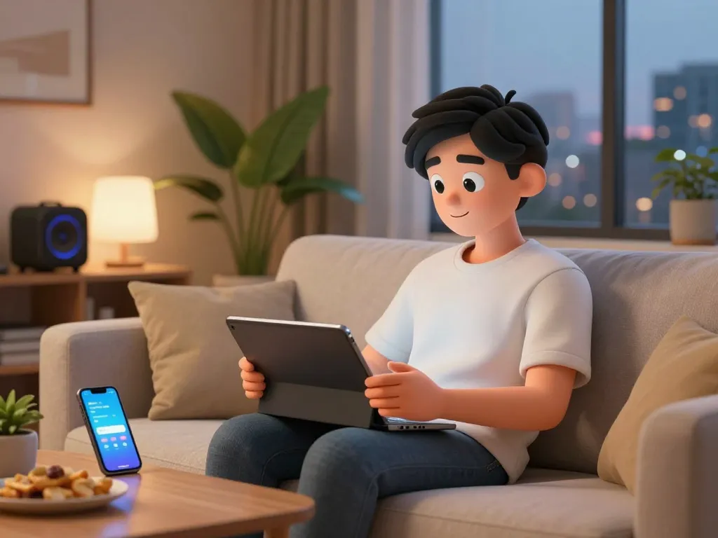 Engaging virtual chat with a spicychat AI character in a cozy living room setting, showcasing interaction and companionship.