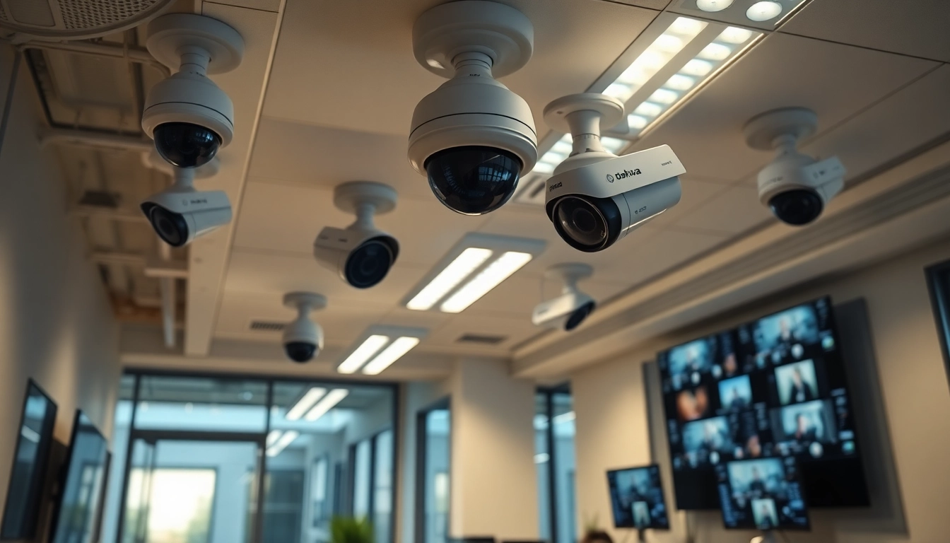 Cámaras Dahua exhibidas en una instalación empresarial moderna, destacando la seguridad y la tecnología.