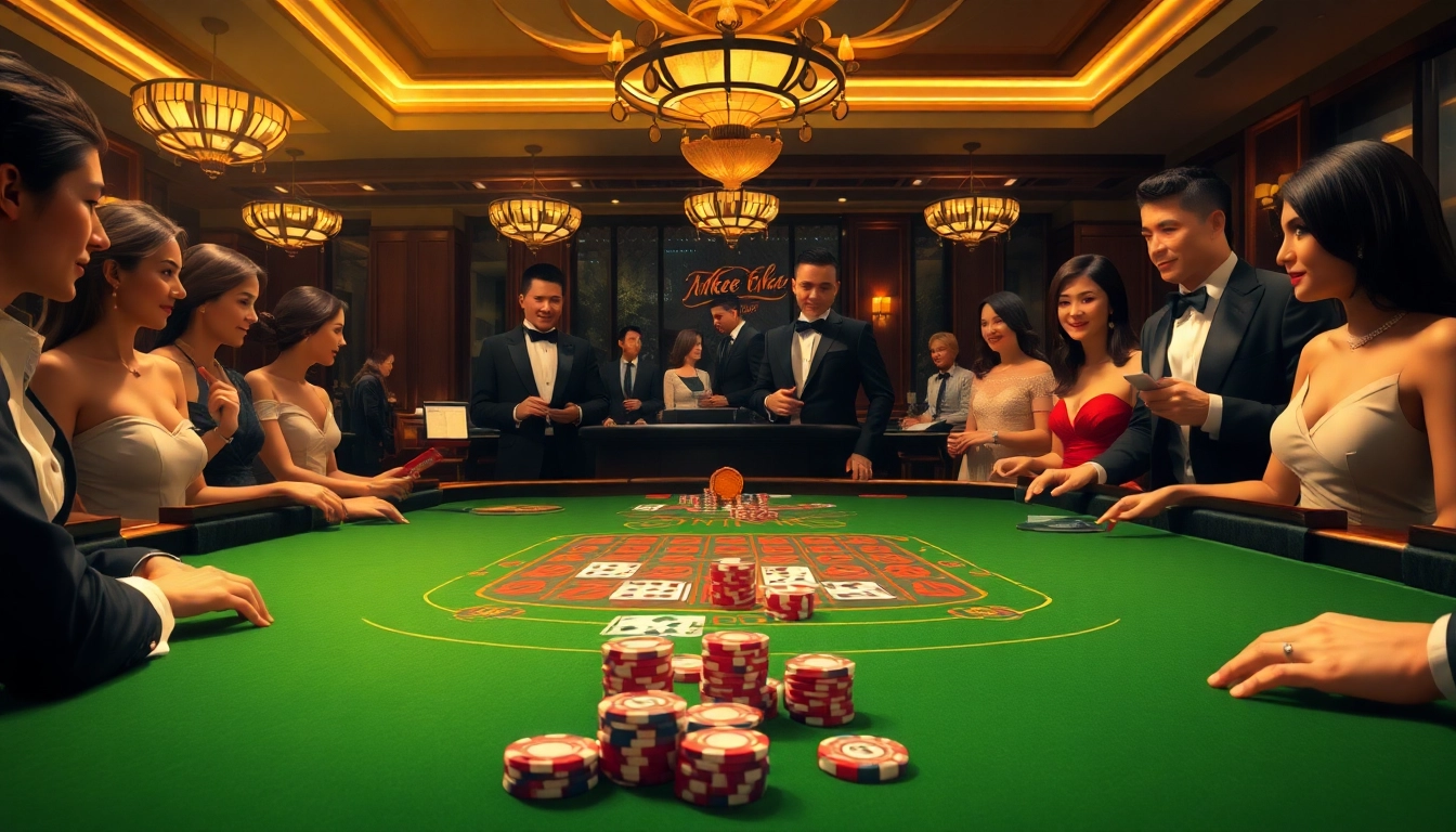Engaging atmosphere at 8win casino, featuring players at a baccarat table surrounded by vibrant decor.