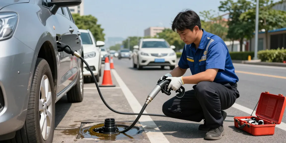 Technician addressing contamination in fuel tank using professional equipment for safe drainage.