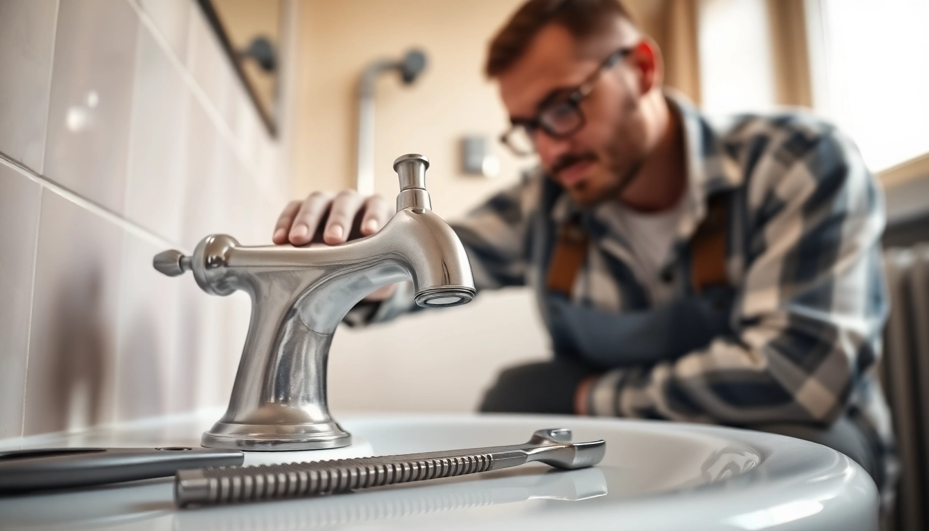 Find a reliable plumber near me fixing a faucet in a modern bathroom.