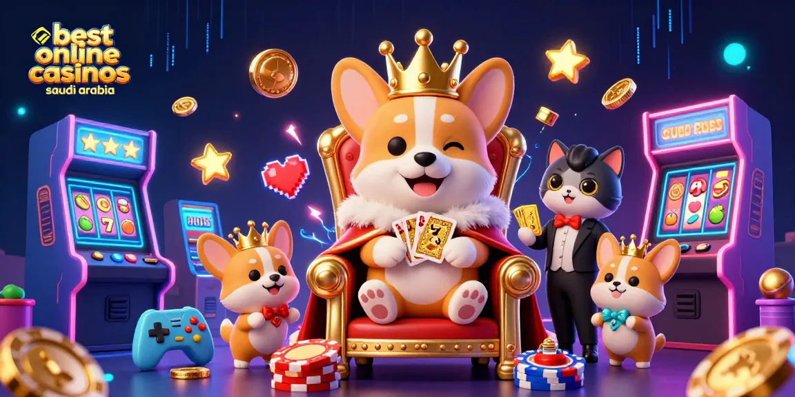 Experience the thrill of the best online casinos in Saudi Arabia with royal corgis amidst vibrant gaming elements.
