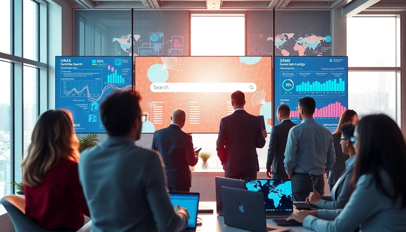 Enhance ai enterprise search capabilities in a vibrant, modern office with professionals engaged in data clarity.