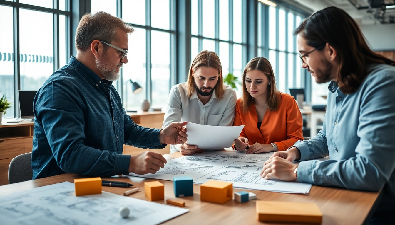 Engineers engaged in design and engineering collaboration in a modern office setting.