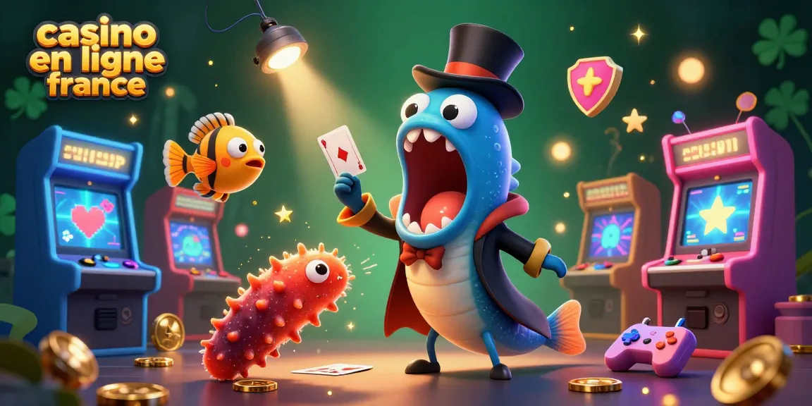 Une illustration captivante de casino en ligne France, mettant en avant un poisson-globule et un anguille-godille dans des jeux de cartes captivants.
