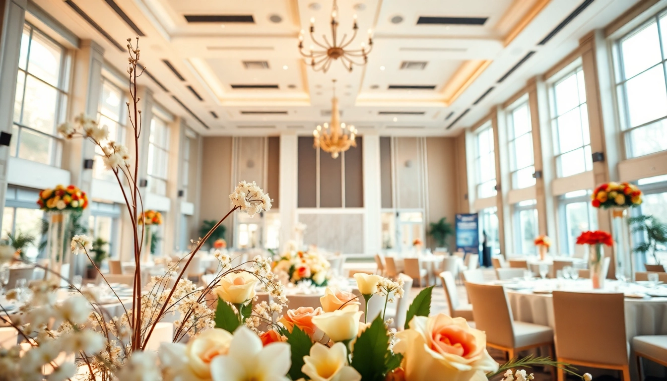 Veranstaltungsort alma event center mit festlicher Dekoration und eleganten Tischarrangements.