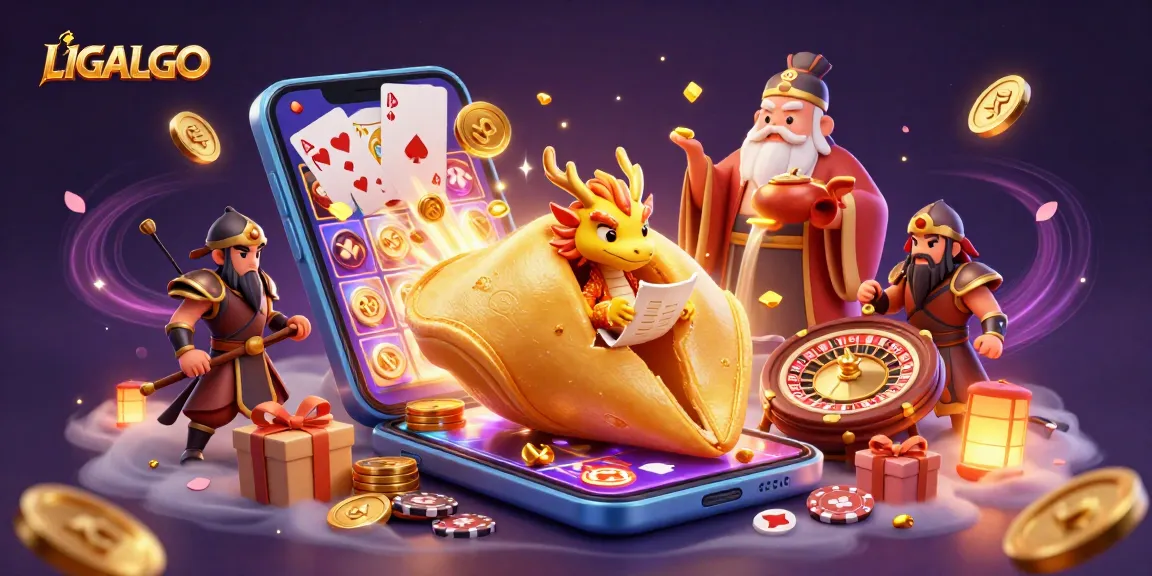 LIGALGO showcases a vibrant golden fortune cookie scene with gaming elements bursting around, symbolizing luck and engagement.