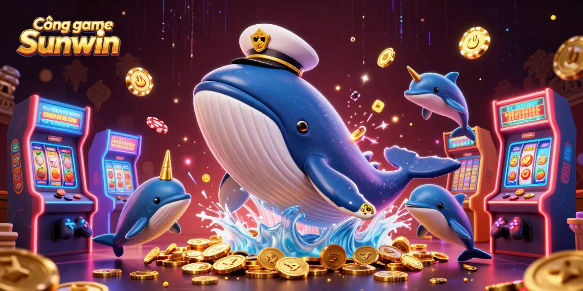 Cổng game Sunwin offers a lively scene with a captain's whale, a narwhal, and dolphins surrounded by vibrant gambling elements.