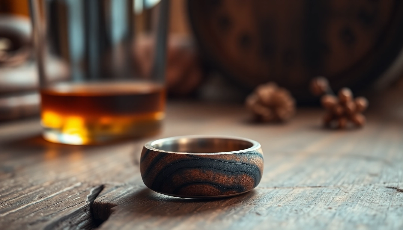 Showcase a unique Whiskey Barrel Wedding Bands with textured wood and rustic elements highlighting its craftsmanship.
