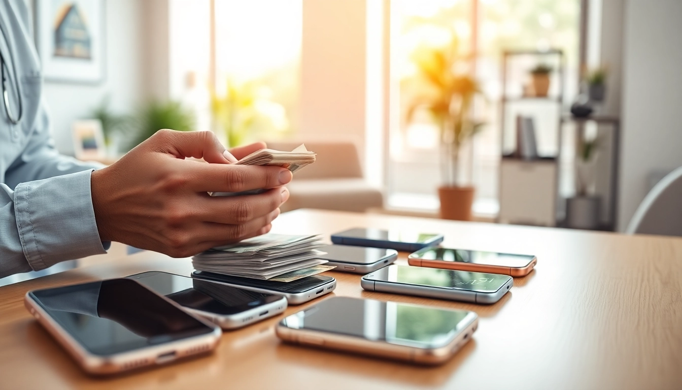 Sell your phone for cash with a professional setup showing cash and smartphones in a bright office.