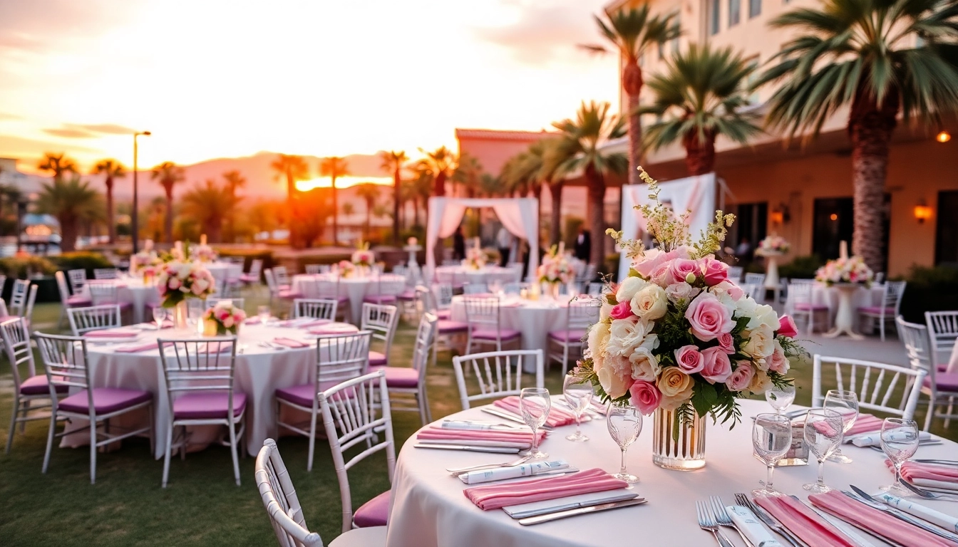 Event Rentals Las Vegas setup featuring a stunning outdoor wedding with elegantly arranged furniture.