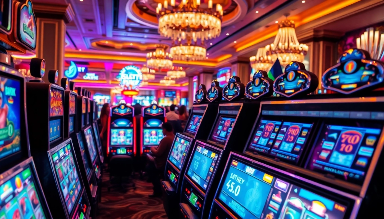Memenangkan slot di mesin kasino yang mewah dengan suasana ceria.