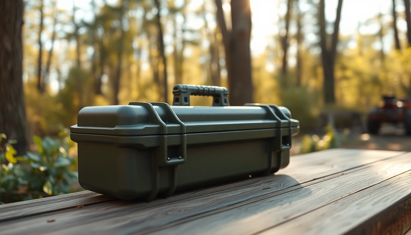 Showcasing a pelican rifle case in a natural setting, emphasizing its rugged design and outdoor utility.