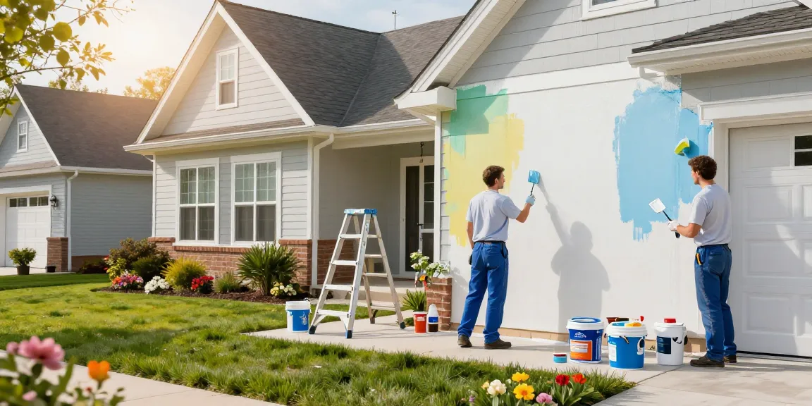 Painters in Polk County IA refresh a home’s exterior with vibrant paint in a sunny neighborhood.