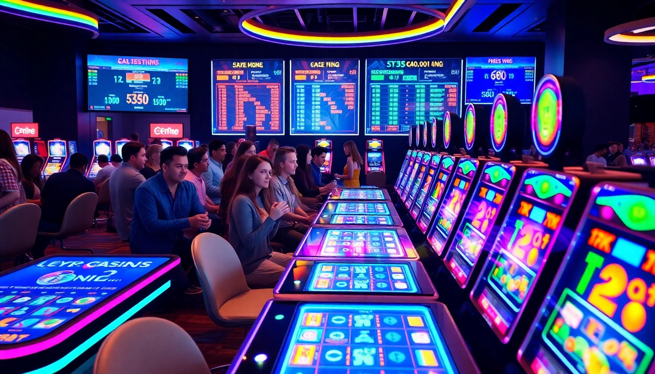 Engage at a lively crypto casino with diverse players and vibrant gaming setup.
