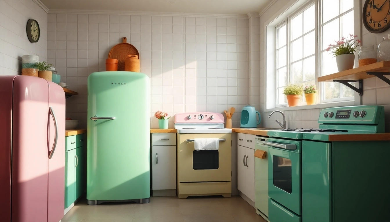Explore retro appliances in a vibrant kitchen setting with charming vintage aesthetics.