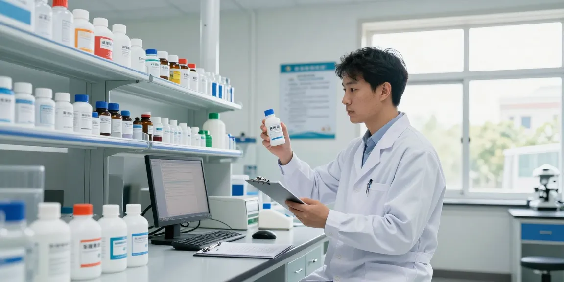 Pharmacist analyzing 消毒藥水 in a well-lit laboratory
