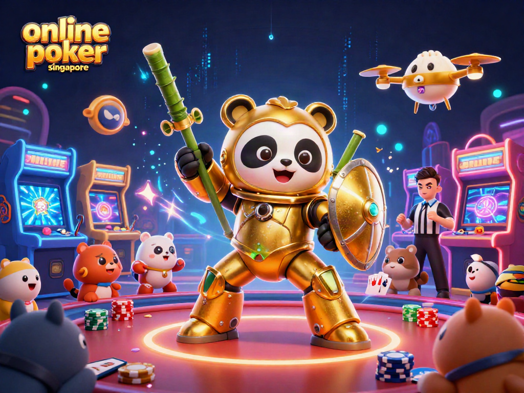 Engage in online poker Singapore with a vibrant 3D scene showcasing mech-suit panda at a poker table.