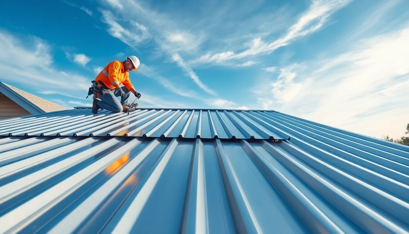 Installers showcasing metal roofing calgary with high-quality panels under bright skies.