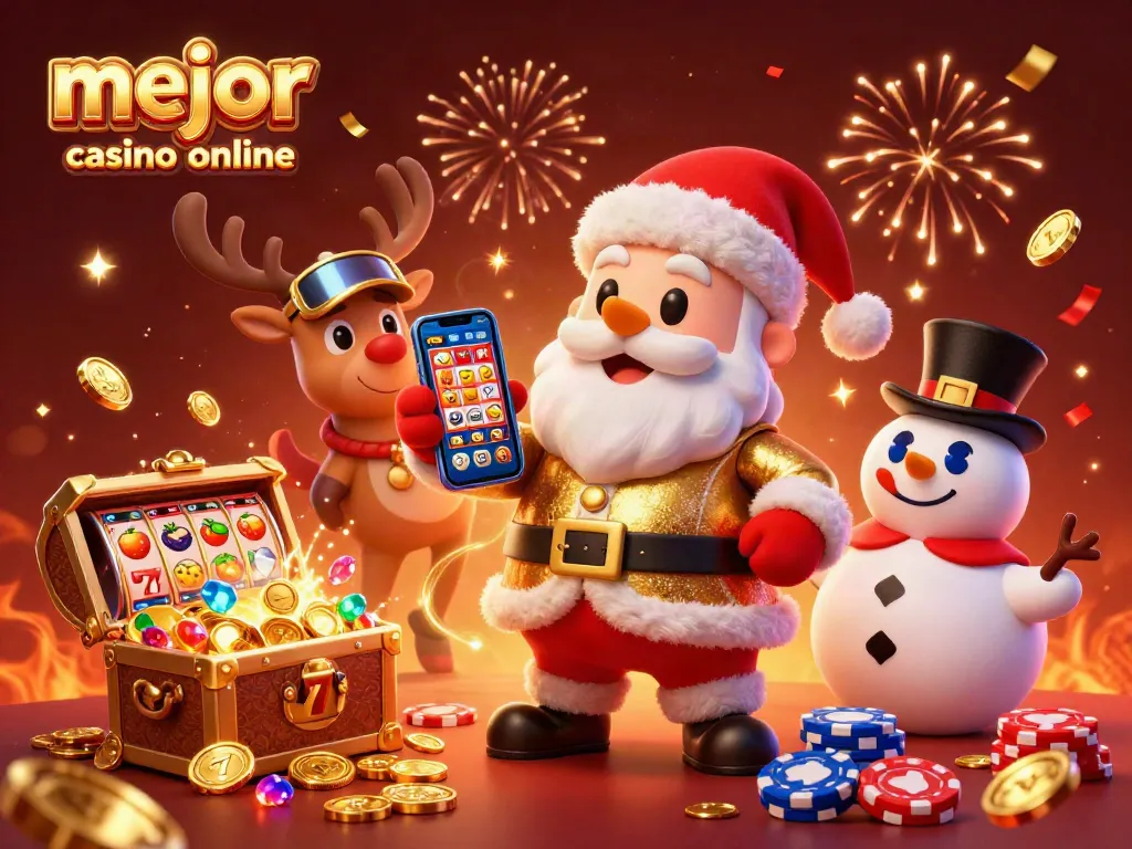 Festejando en el mejor casino online, Santa y sus amigos con tragamonedas ganadoras en un entorno vibrante.