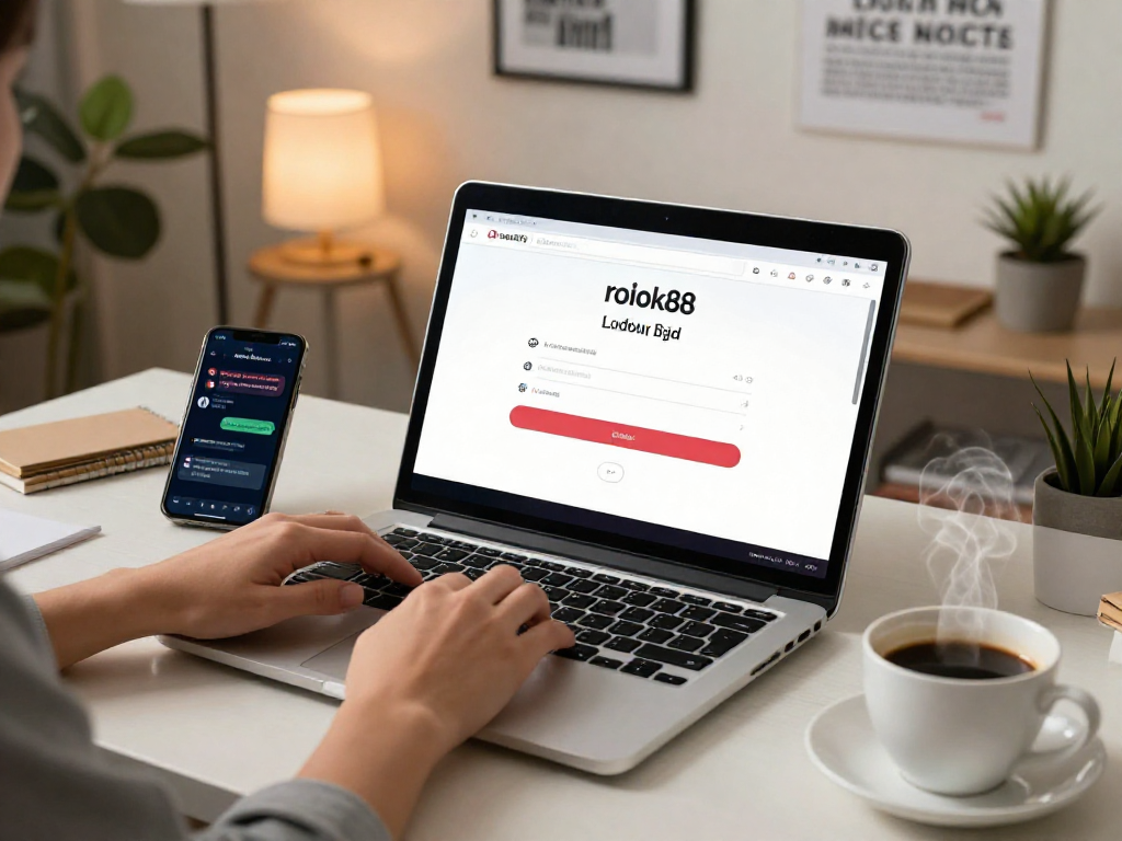 User engaging with the rokok88 login interface on a laptop in a modern workspace