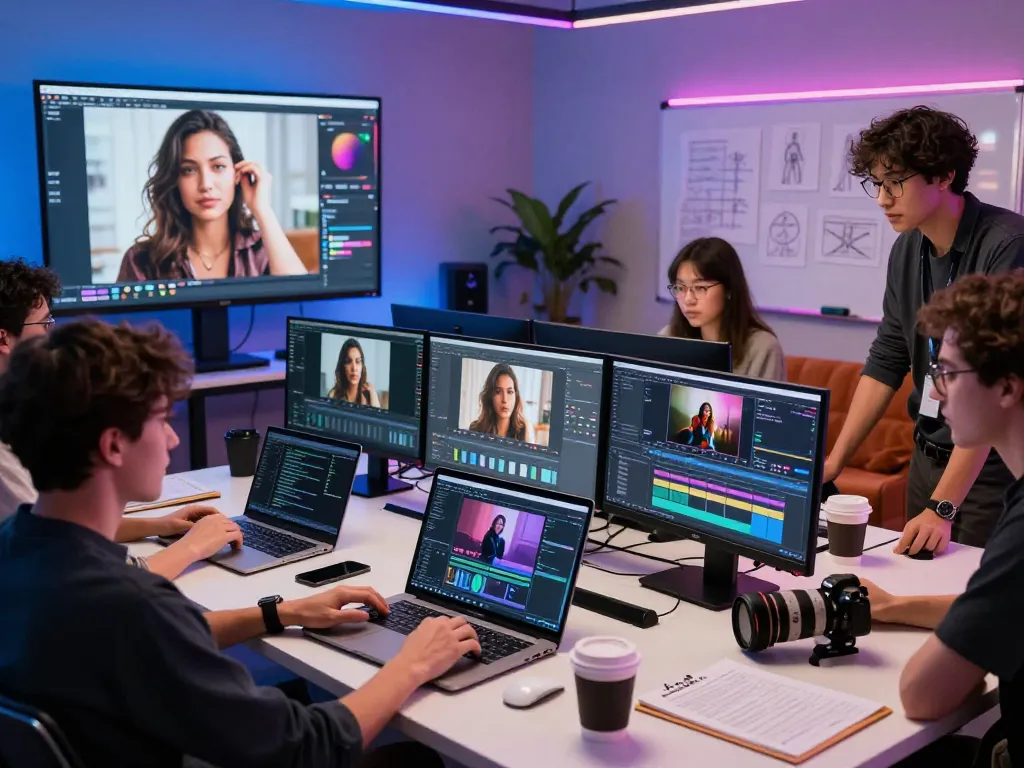 AI porn production team collaborating in a high-tech studio with vibrant visuals.