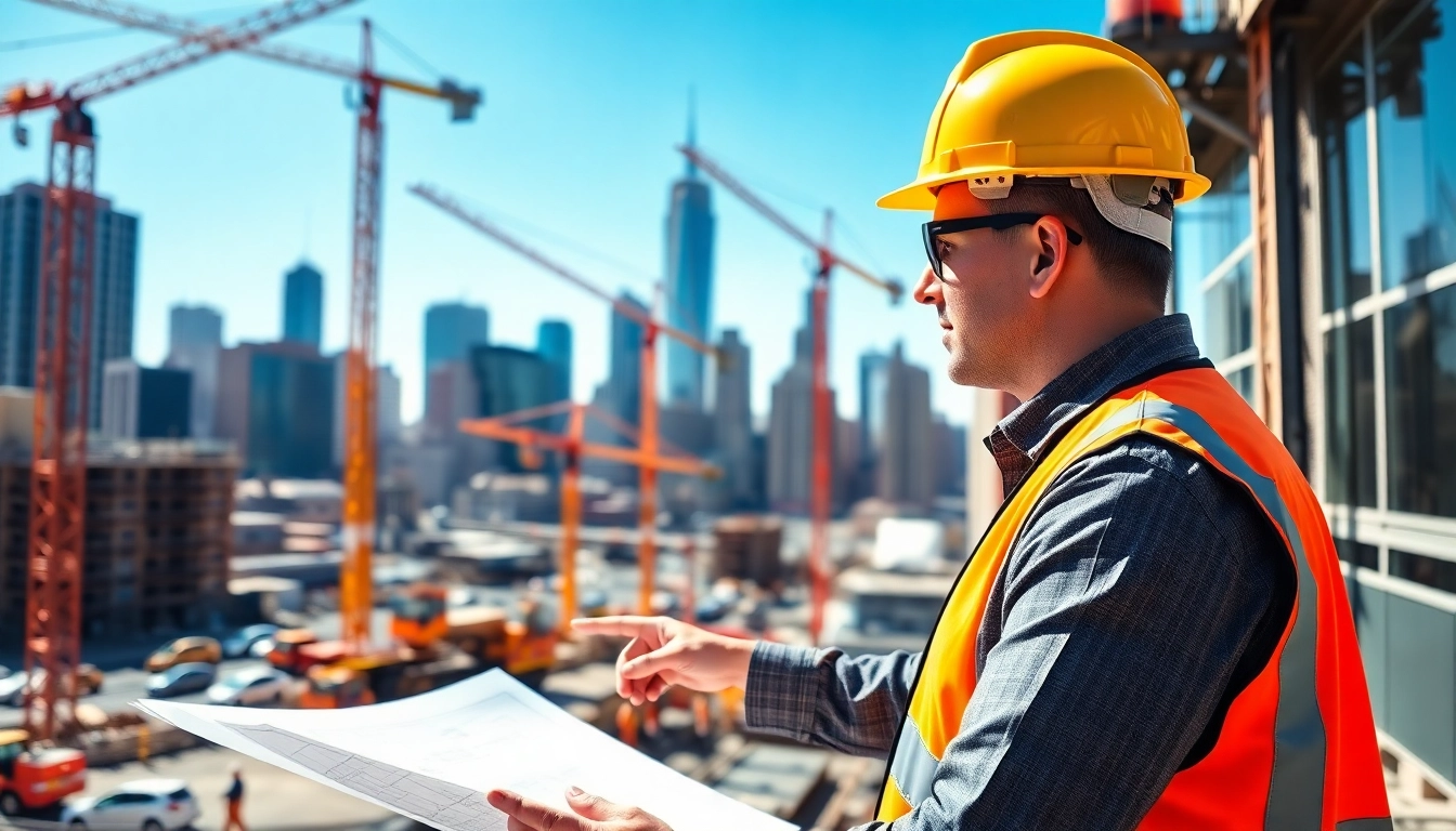 A New York City Construction Manager directs a vibrant urban project amid cranes and workers.