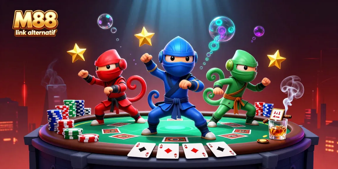 M88 link alternatif showcases a ninja chameleon team engaged in martial arts with lively gambling elements.