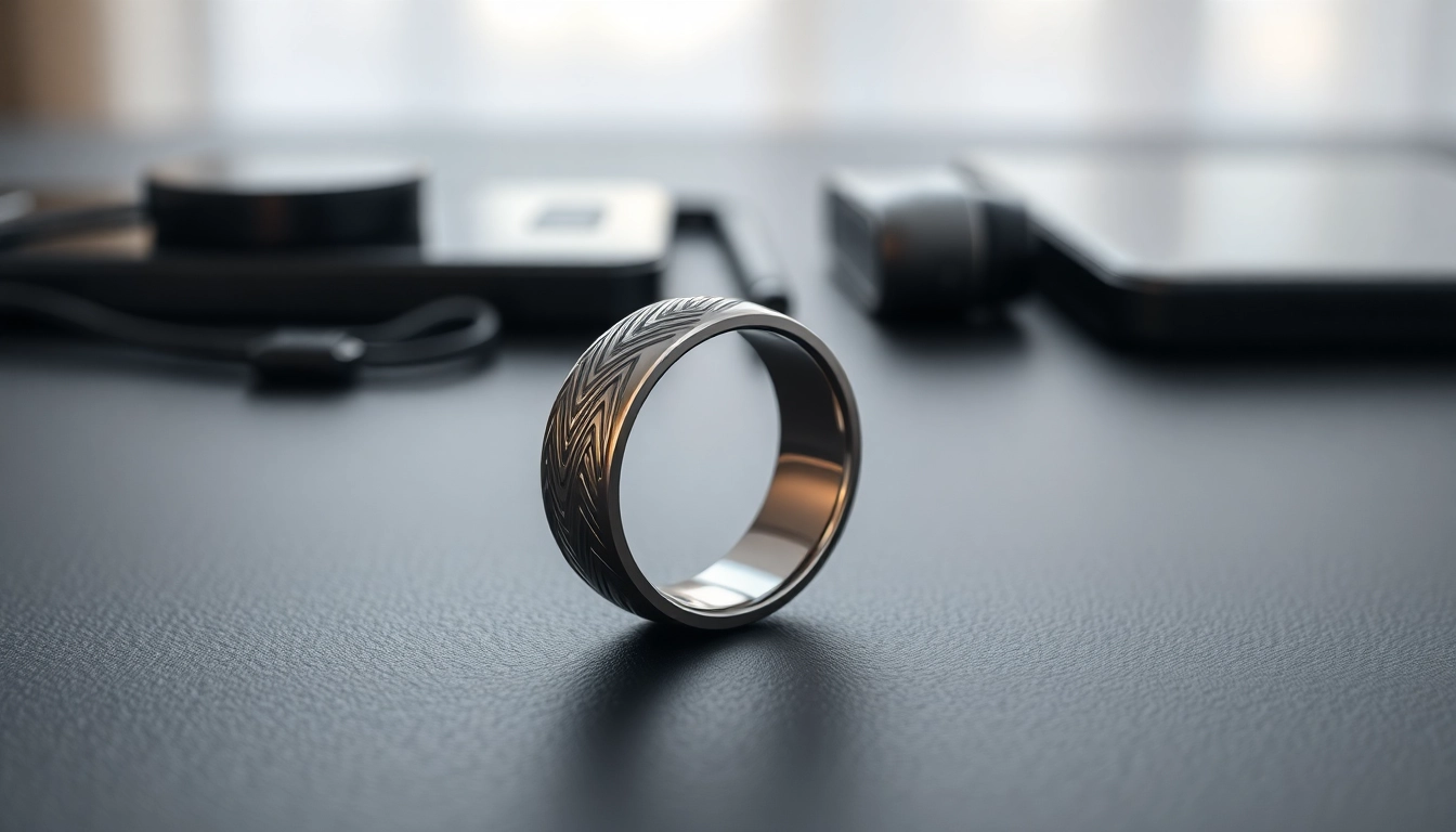 Showcasing a sleek smart health ring on a reflective surface, highlighting its advanced features.