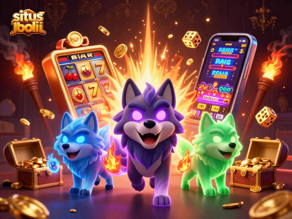 Experience thrilling gaming action at situs judi bola with vibrant 3D illustration of animated casino elements.