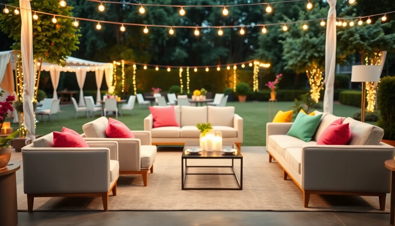 Stylish event furniture rentals arranged in a serene outdoor garden venue.