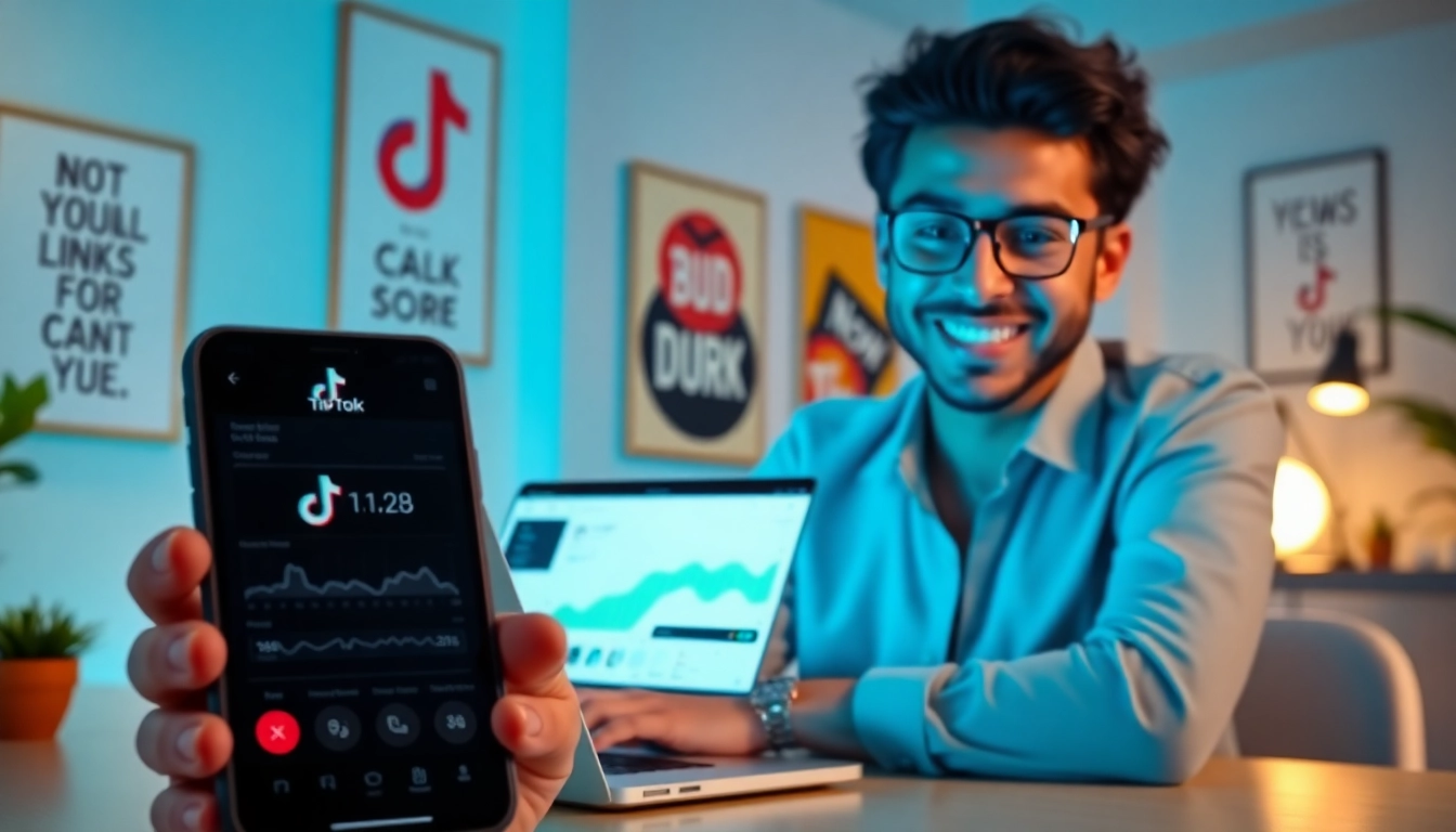 Engaging TikTok creator analyzing paid links for TikTok creators in a vibrant workspace.
