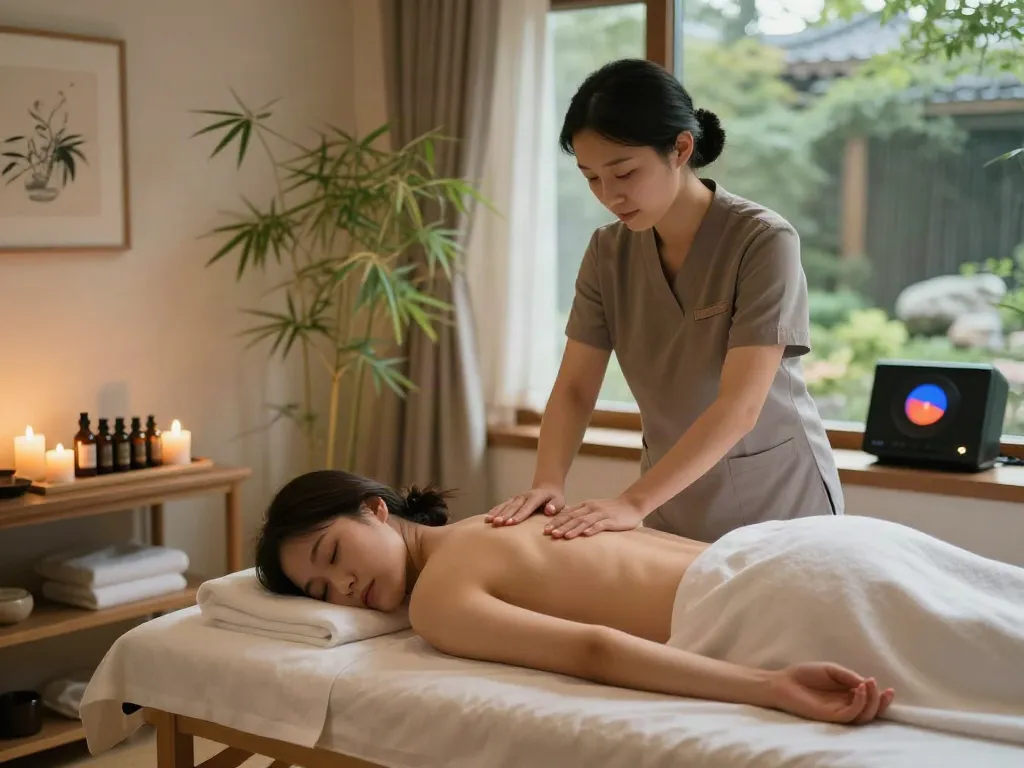 Client enjoying a tranquil 한남동출장마사지 experience in a serene wellness spa setting.
