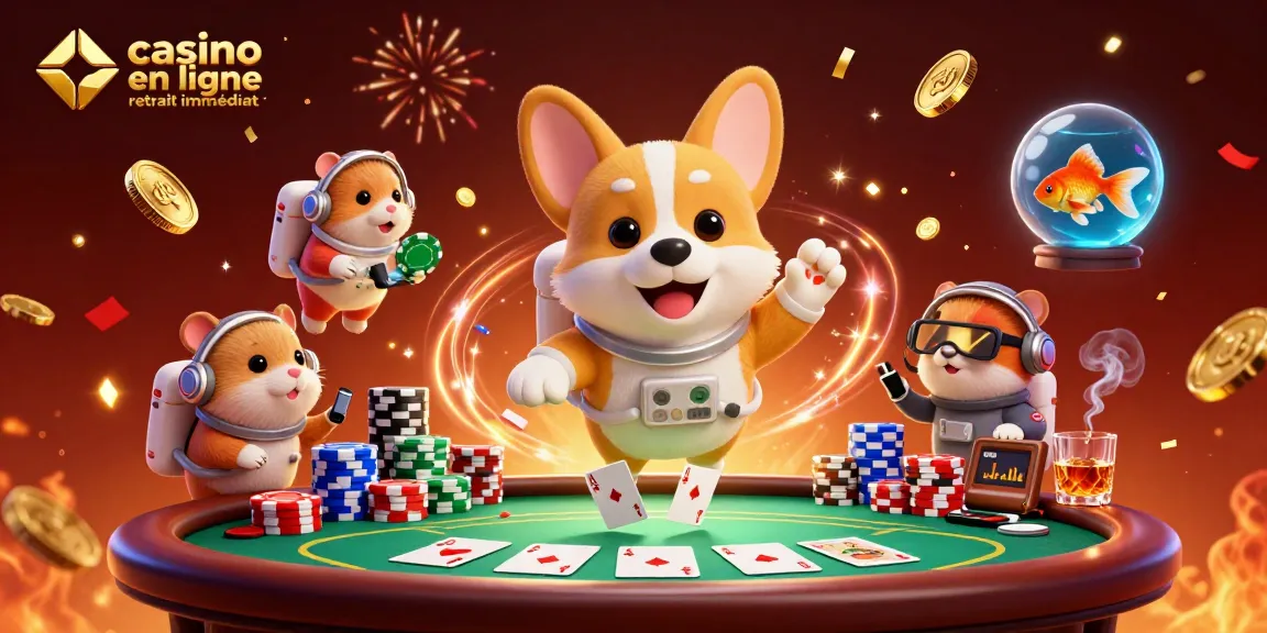 Jouer à casino en ligne retrait immédiat avec des personnages de casino flottants et des jetons autour.