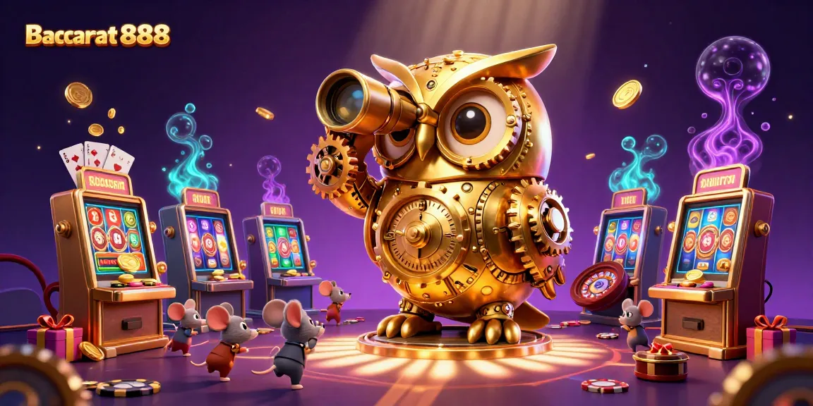 Engage with Baccarat888, featuring an interactive casino scene with vibrant characters and slot game elements.