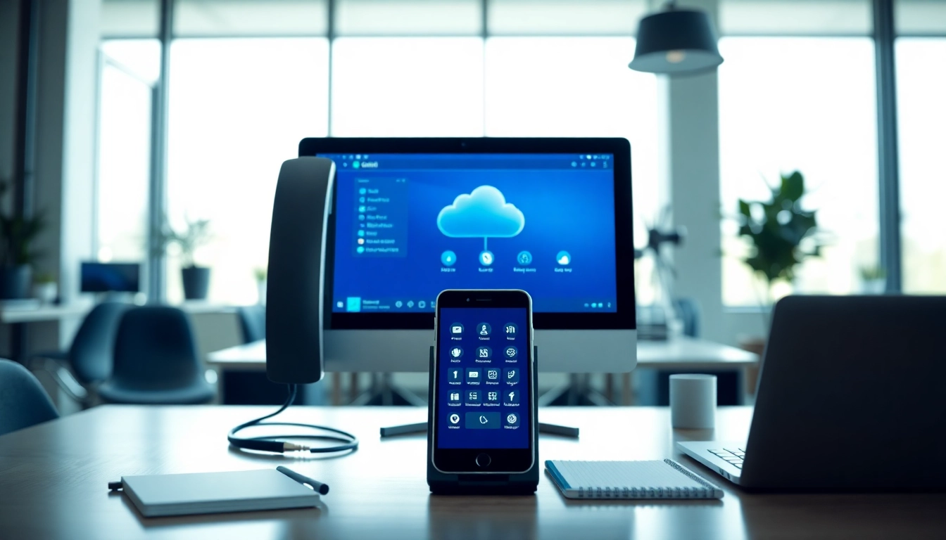 Visualize a cloud based phone system in a modern office with sleek devices and a bright atmosphere.